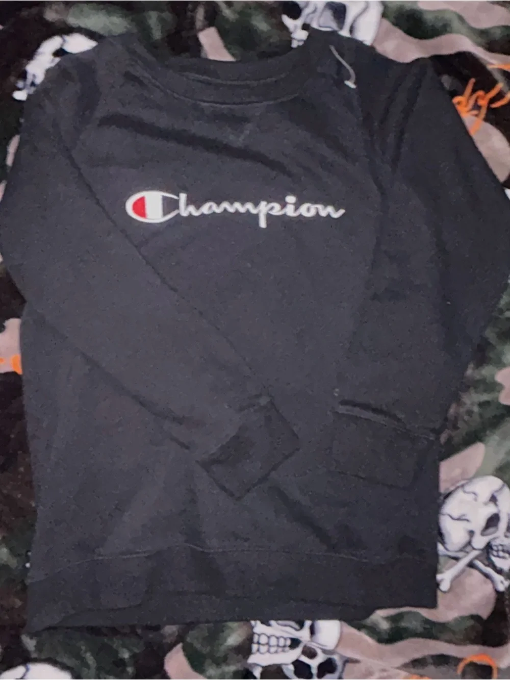 Champion Black Crewneck with Script Logo and Red Accent